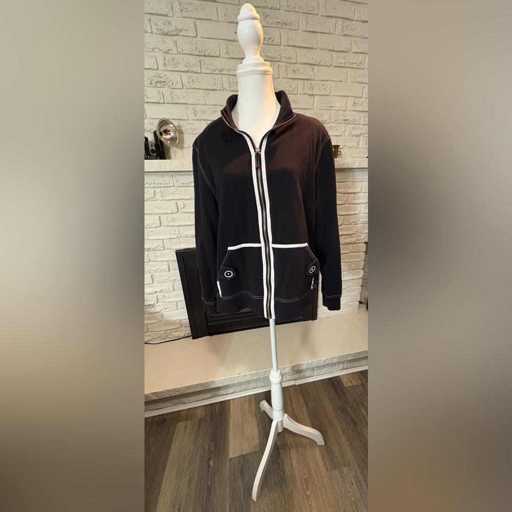 Karen Scott Sport Black Contrast Stitch Full Zip Hooded Sweatshirt Jacket Size L